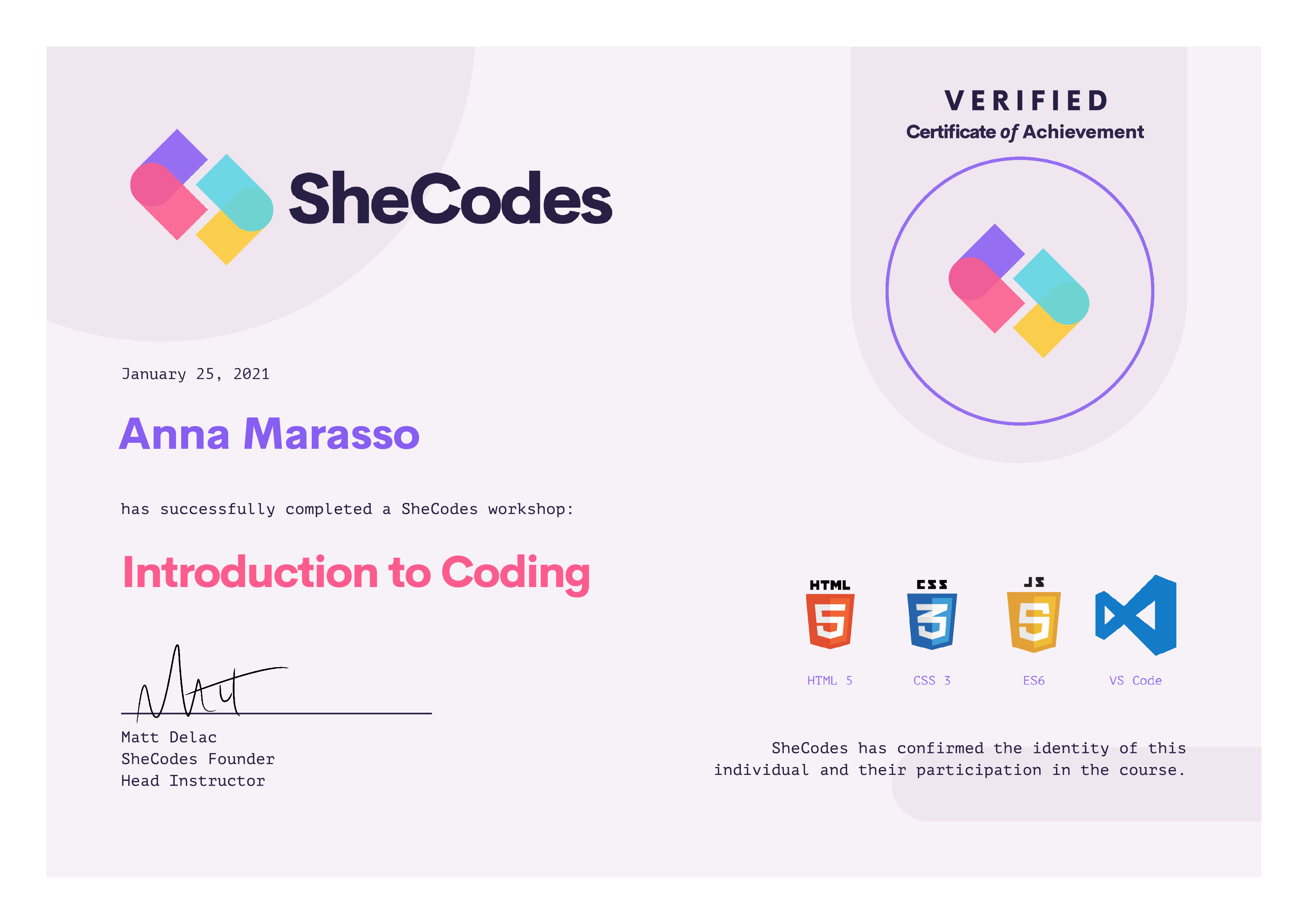 SheCodes Introduction Certificate