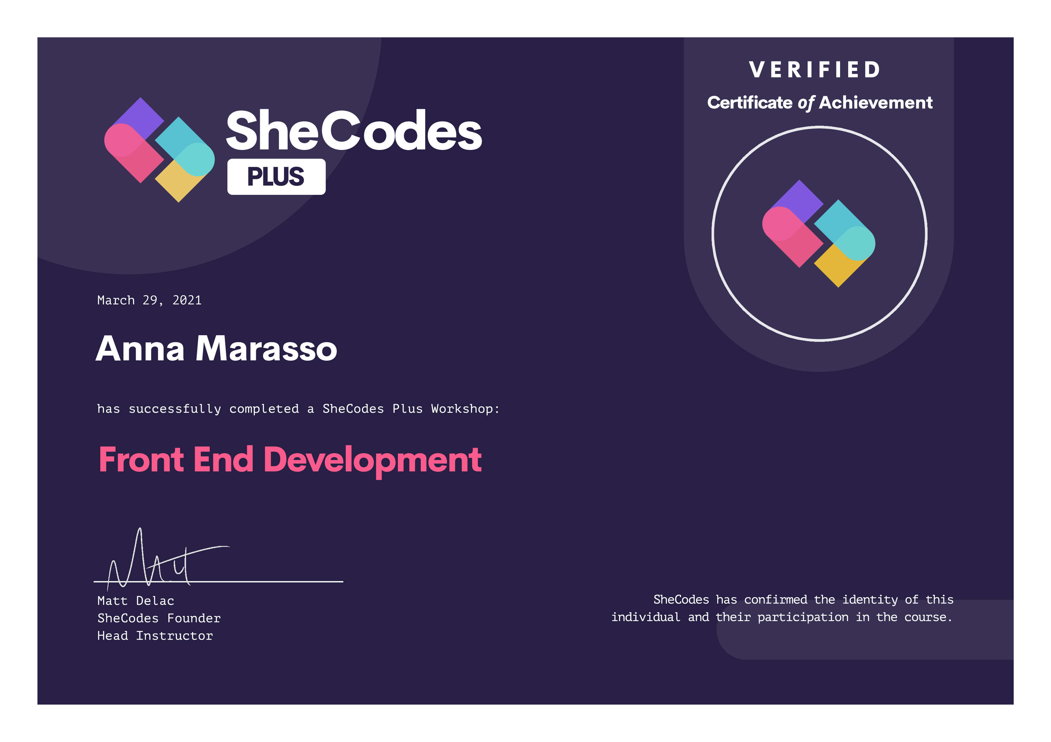 SheCodes Plus Certificate